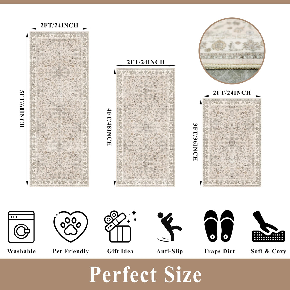 BYYVOO beige 2x4 kitchen rug side view shows plush surface and easy-care fabric