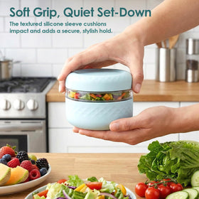 Cafezi meal-prep scene with salad and grains in glass bowl