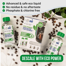 Caffenu descaler packaging label featuring two bottle kit for Keurig compatibility