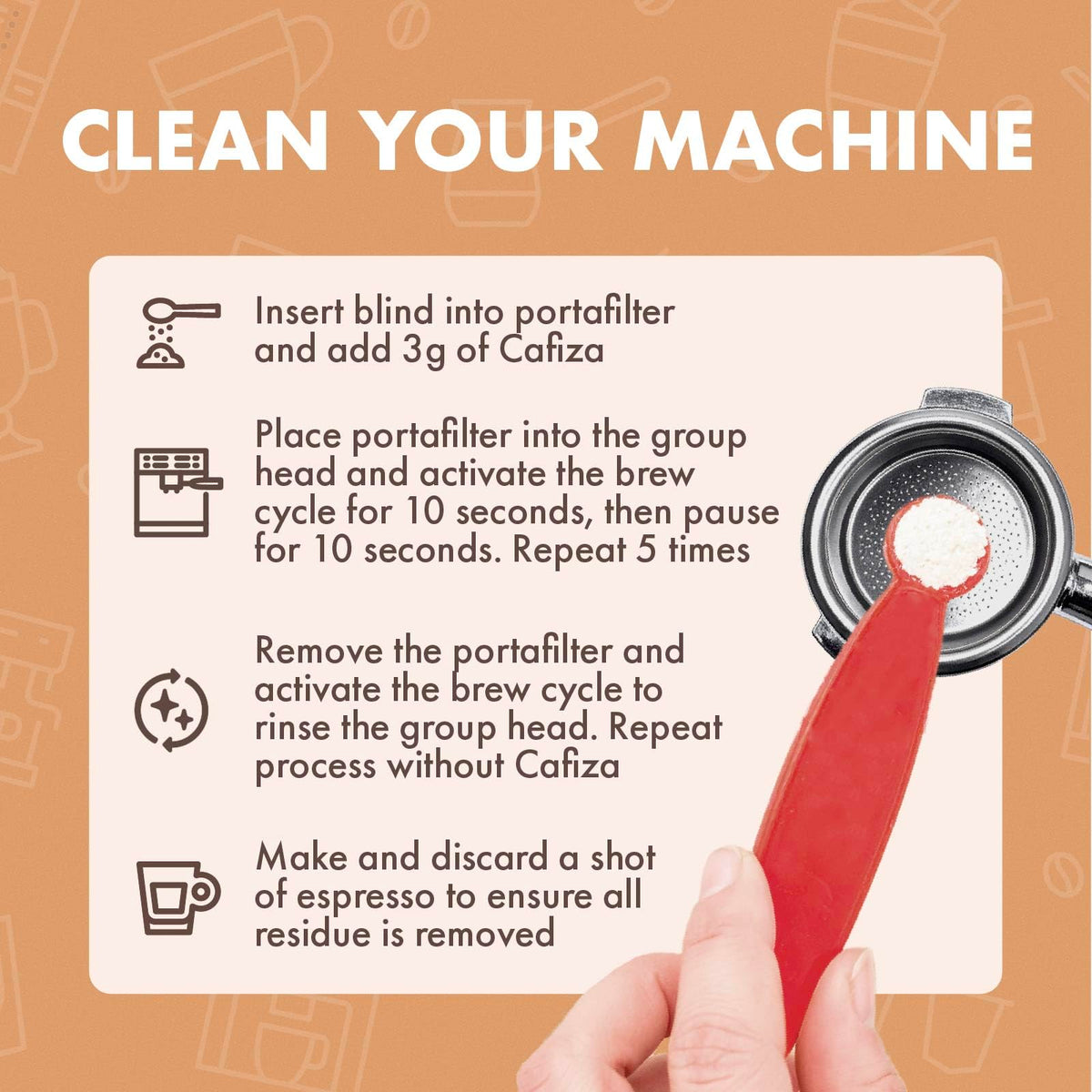 Cafiza dissolves easily in water for quick, controlled cleaning.