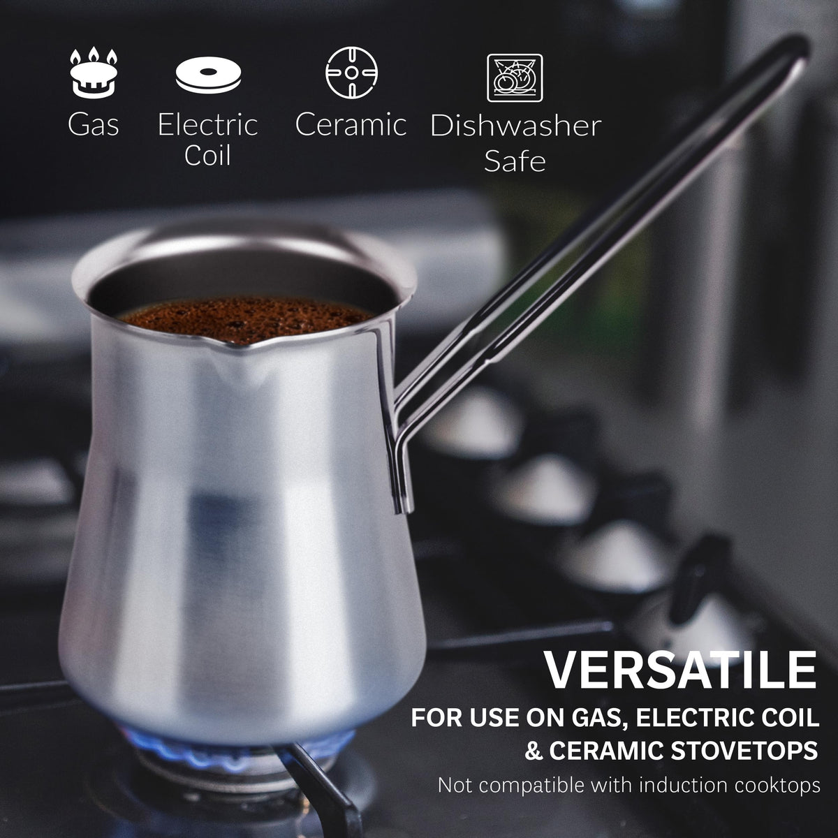 Caizen Coffee briki compatible with gas electric ceramic stoves.