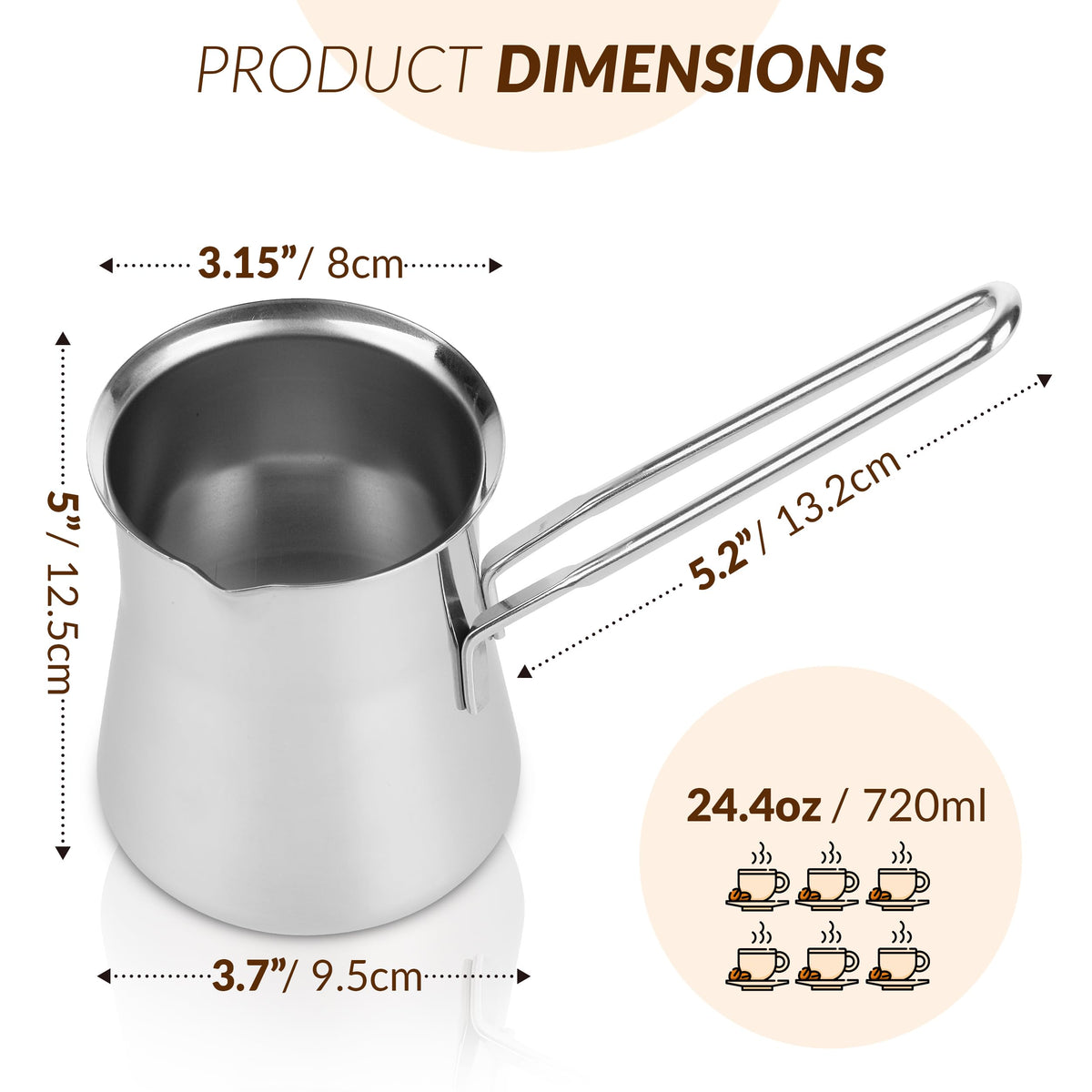 Caizen Coffee stainless steel briki with cool-touch handle for safe pouring.