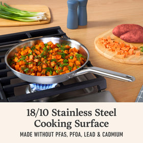 Calphalon brushed stainless lids and handles, emphasizing secure grip and sleek look.