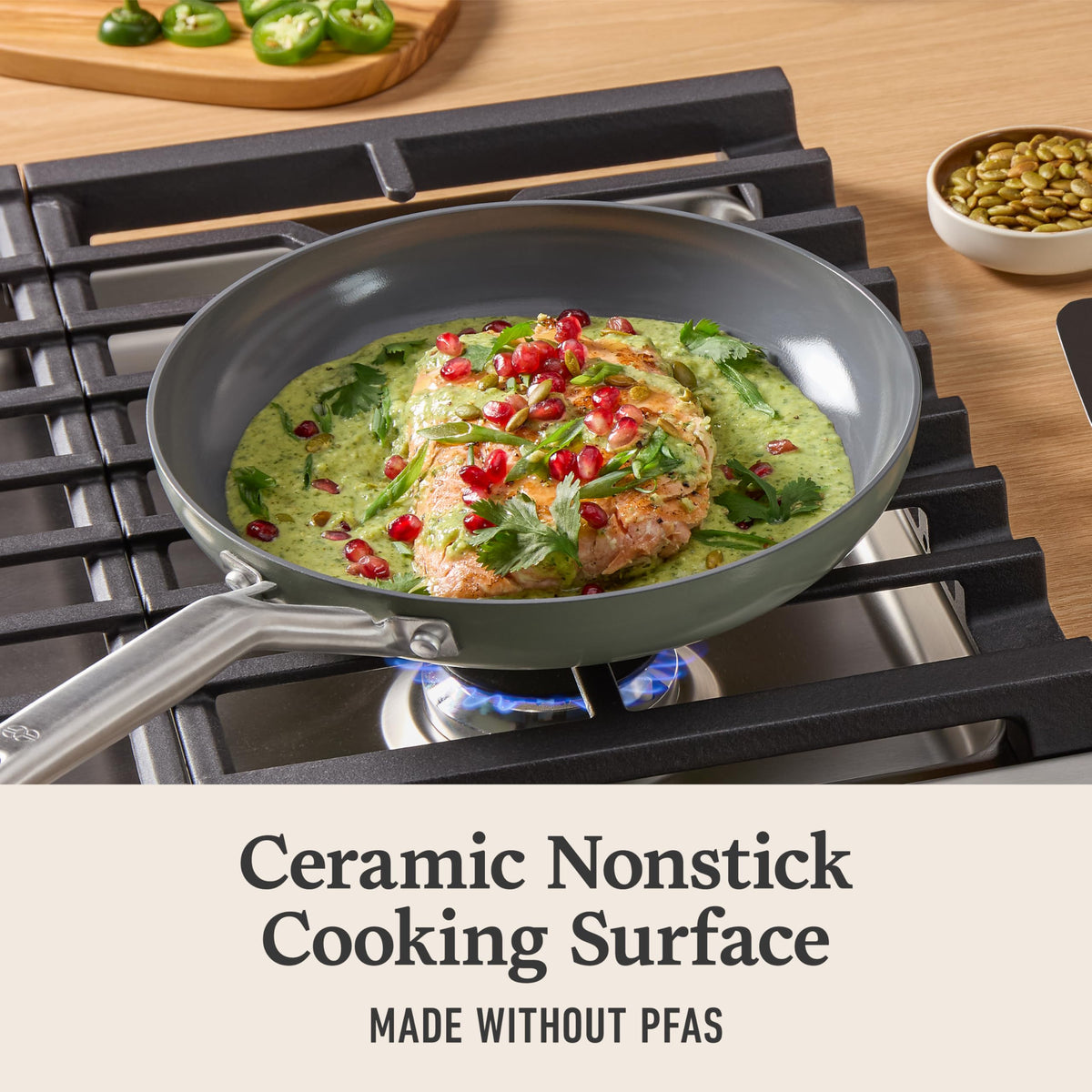 Calphalon Ceramic Nonstick 10-inch pan with even heating for searing and sautéing.