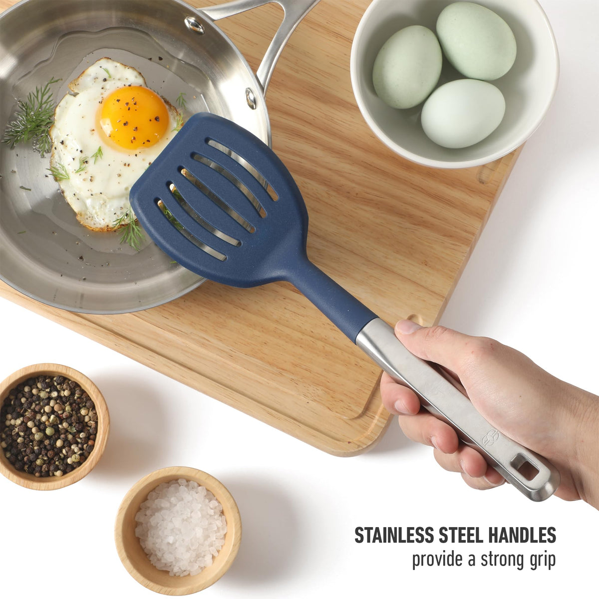 Calphalon Prime angled silicone scraper reaches pan corners