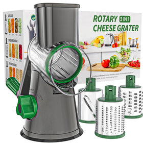 Cambom rotary cheese grater in action with hand crank for quick shredding