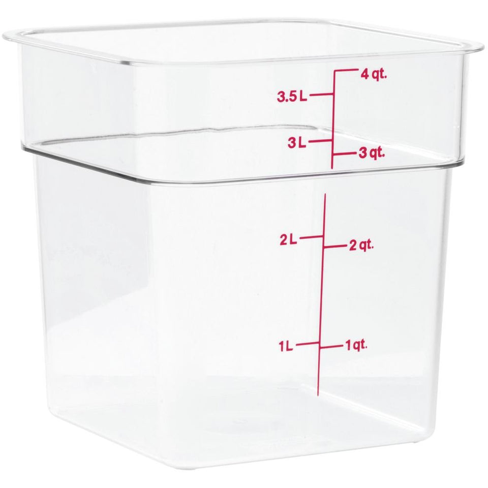 Cambro CamSquare 4SFSCW135 clear container shows contents at a glance for efficient prep.