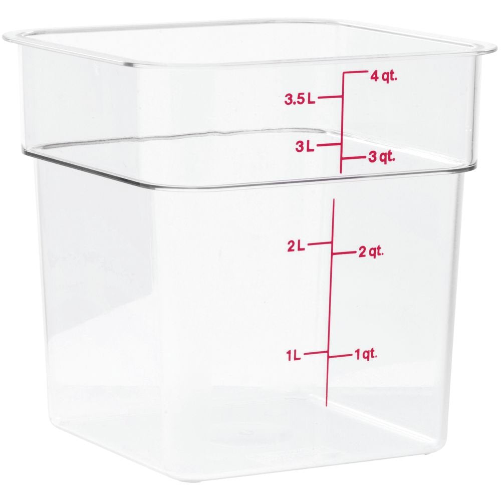 Cambro CamSquare 4SFSCW135 stackable container saves space in refrigerators and pantries.