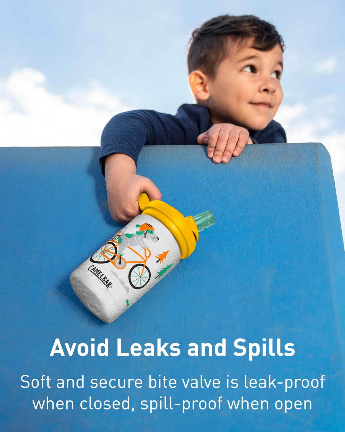 CamelBak Eddy+ Kids leak-proof lid prevents spills in backpacks and desks.