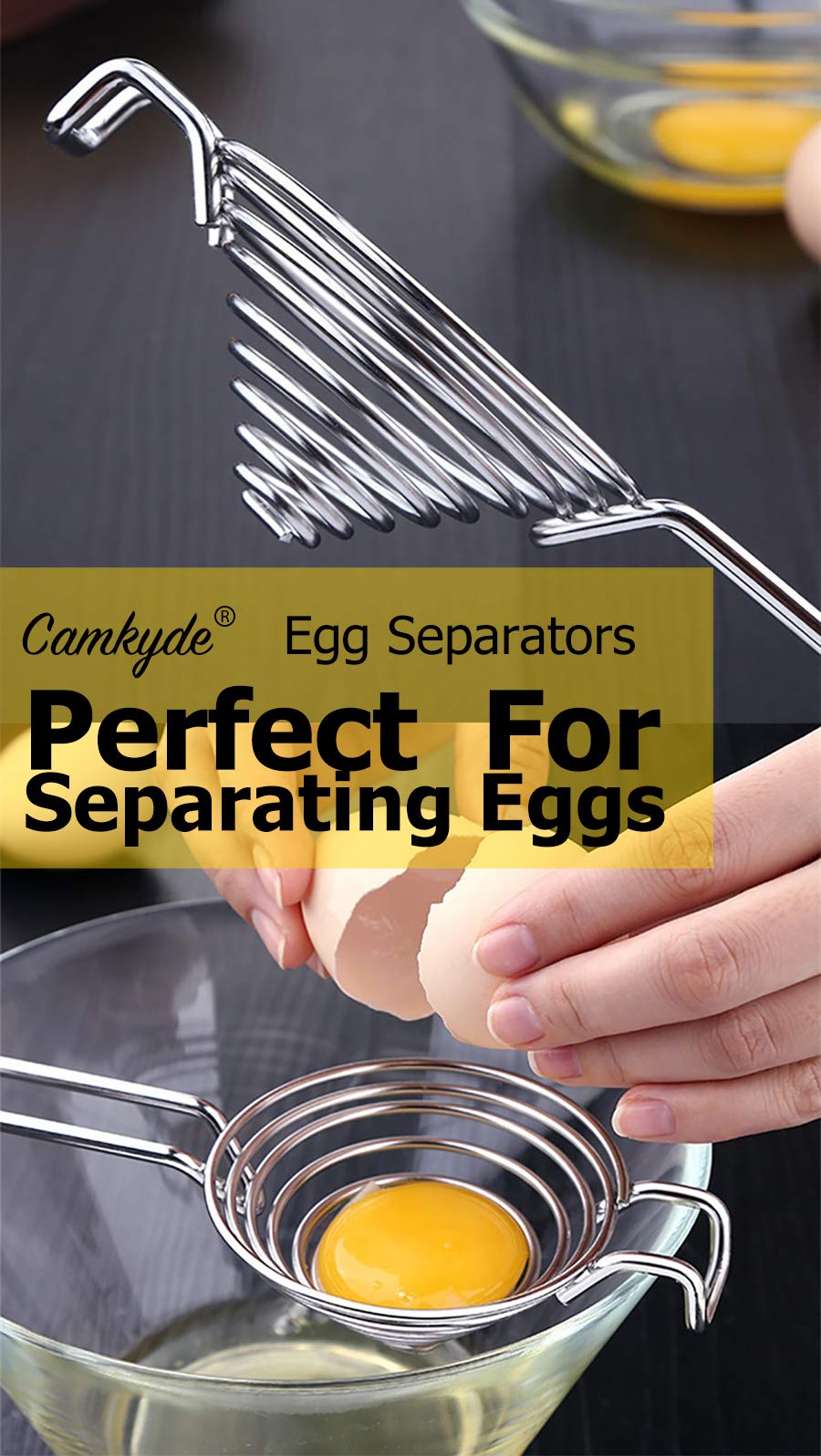 Camkyde egg separator featuring easy-clean design and hanging storage.
