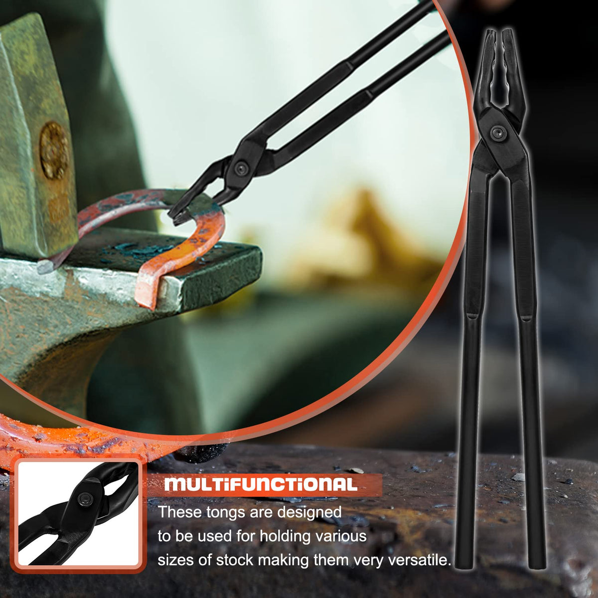 Camoo Steel construction blacksmith tongs offer durable performance under heat.