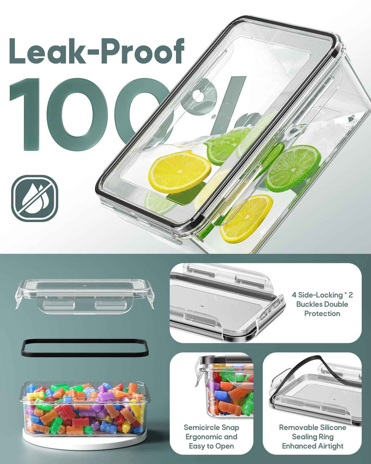 Canfanni four-side latch closure shown on container for leak prevention.