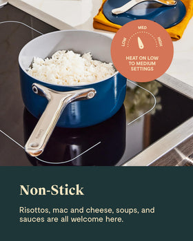 Caraway pan on induction hob demonstrates all-stovetop compatibility.