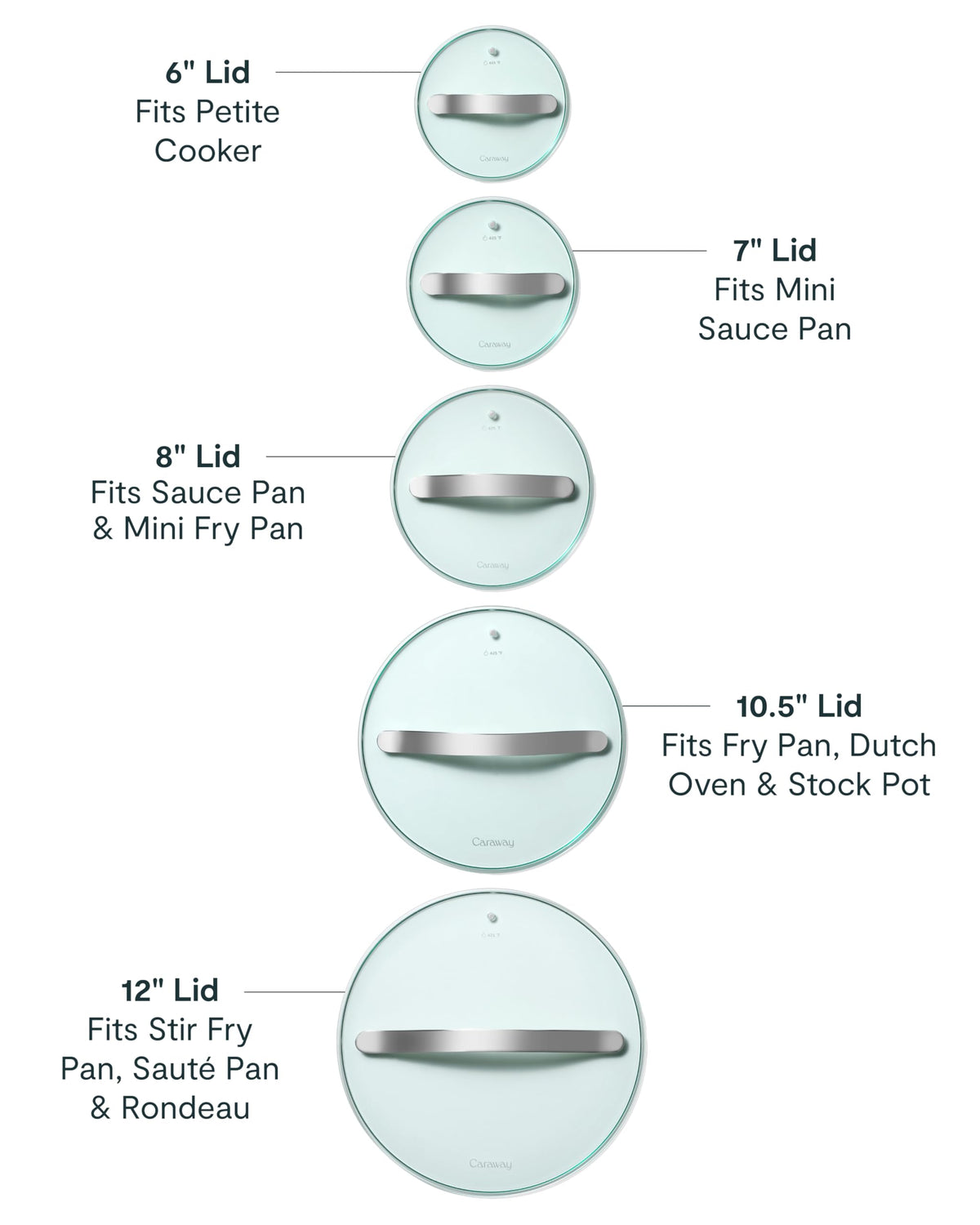 Caraway 8-inch oven-safe glass lid withstands up to 425°F for stovetop to oven use.