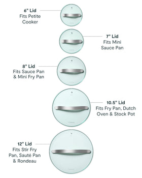 Caraway 8-inch oven-safe glass lid withstands up to 425°F for stovetop to oven use.