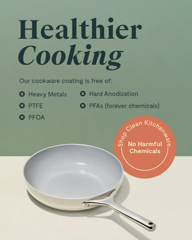 Caraway mini fry pan induction-compatible for versatile heat.