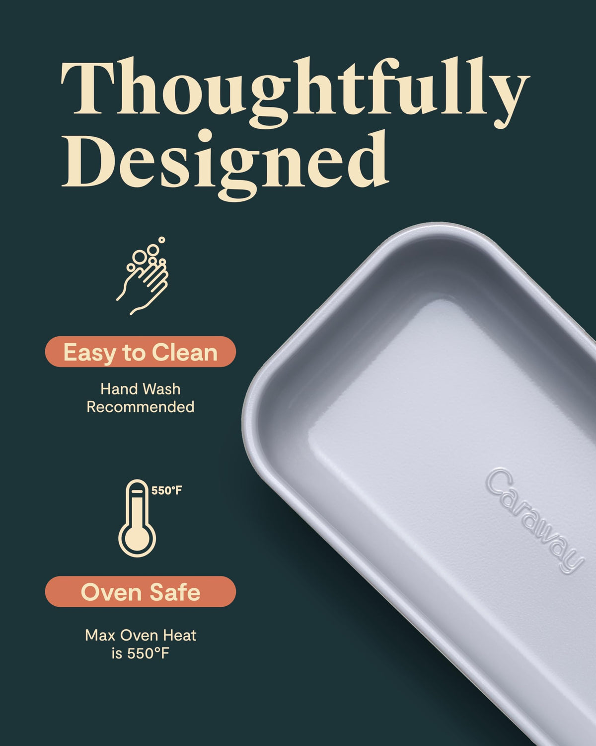 Caraway non-stick coating close-up on loaf pan enables effortless cake release.