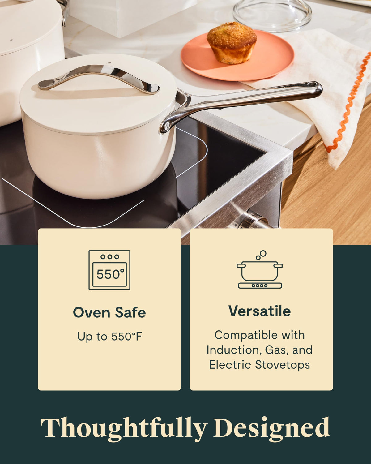 Caraway PTFE- and PFOA-free coating supports safe food preparation.