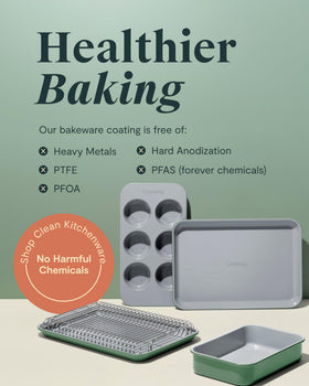 Caraway sheet pan with rounded corners eases handling and cleaning.