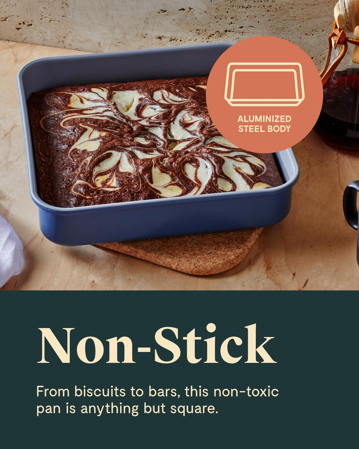 Caraway square pan, oven-safe up to 550°F for versatile baking.