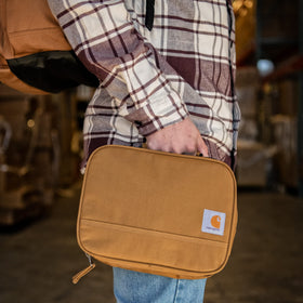 Carhartt insulated lunch box contents four cans with easy-access opening.
