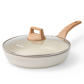 CAROTE 12-inch nonstick frying pan with lid shows smooth granite surface for easy cooking