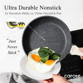 Lids and ergonomic handles on CAROTE cookware for secure, comfortable use