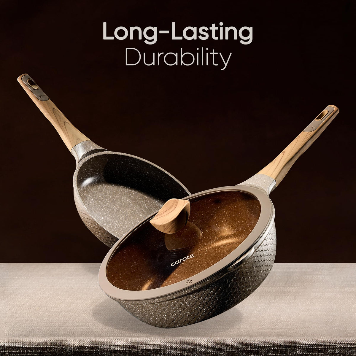 CAROTE induction-ready cookware shown on compatible surfaces for versatile heating.