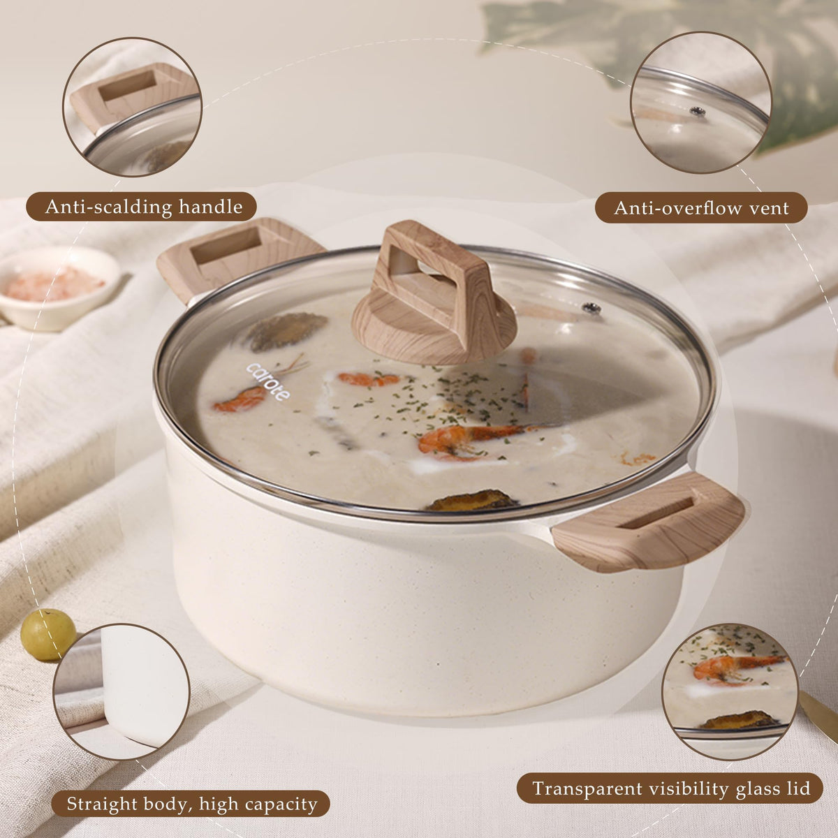 CAROTE complete cookware set includes pans, stockpot, steamer, and spatula.