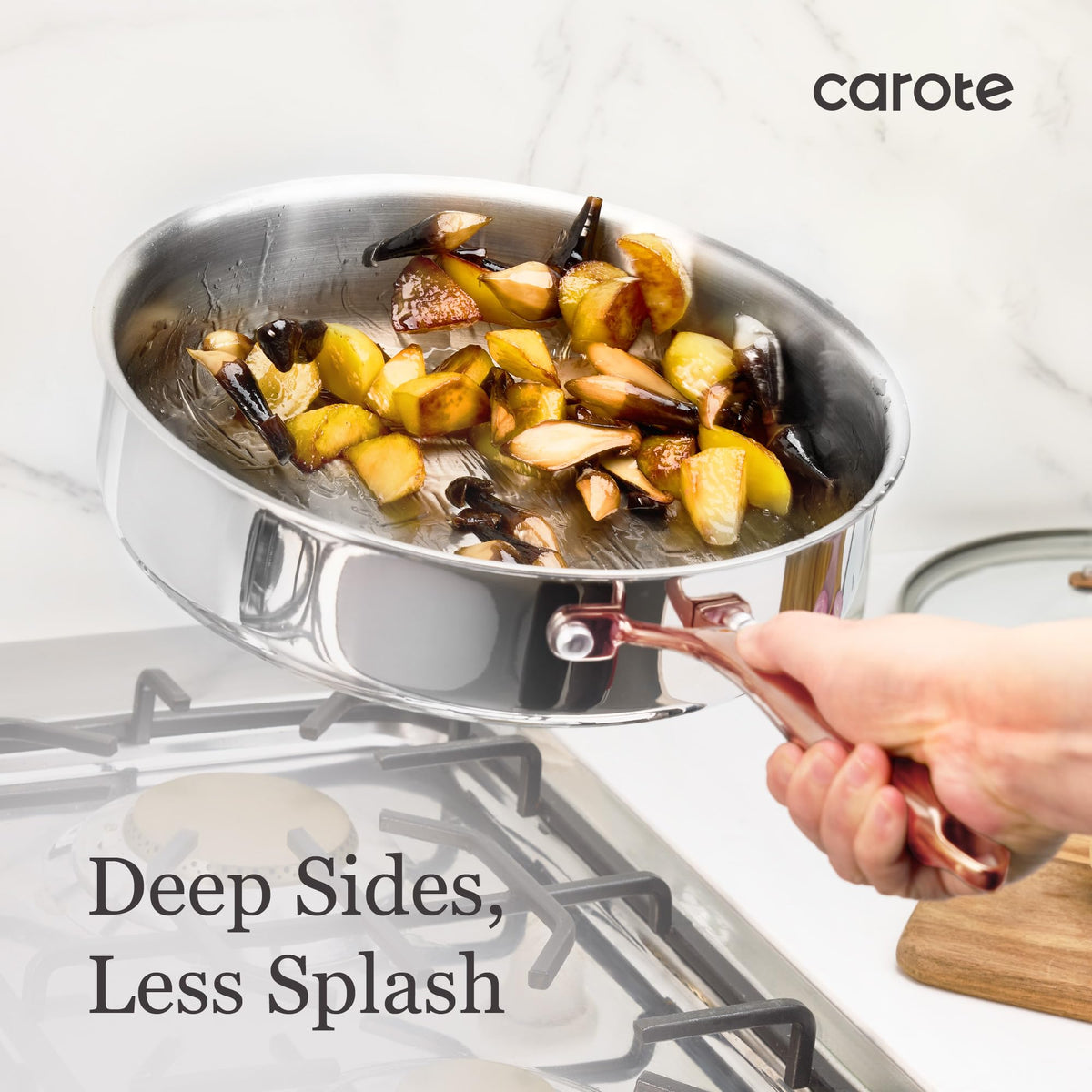 CAROTE deep sidewalls provide extra room and reduce splatter while cooking.