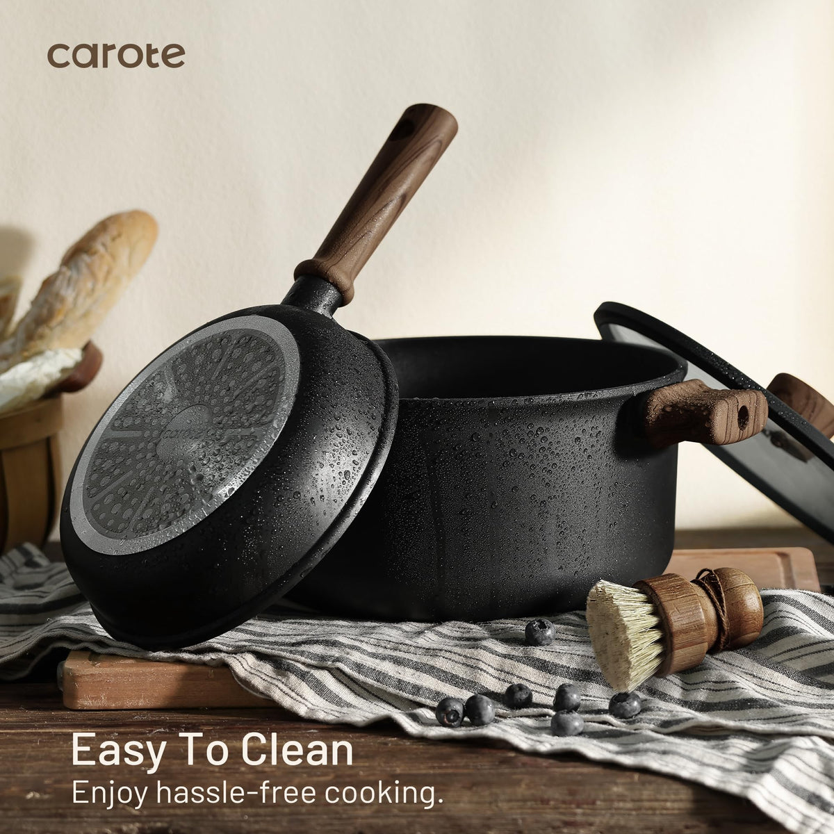 CAROTE die-cast aluminum construction provides even heat distribution across recipes.