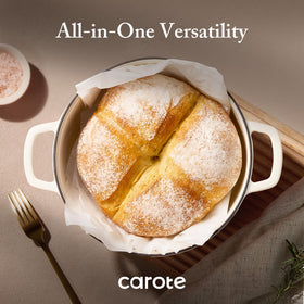 CAROTE Dutch oven on stove demonstrates compatibility with various heat sources.