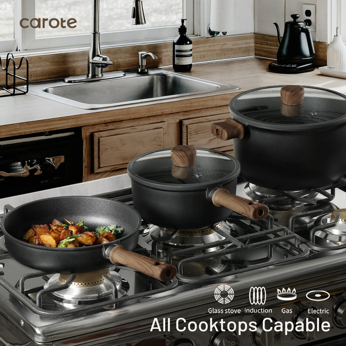 CAROTE induction-compatible cookware works smoothly on compatible stoves.