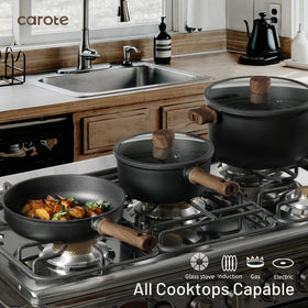 CAROTE knife block and steamer set keeps kitchen organized and ready for versatile meals.