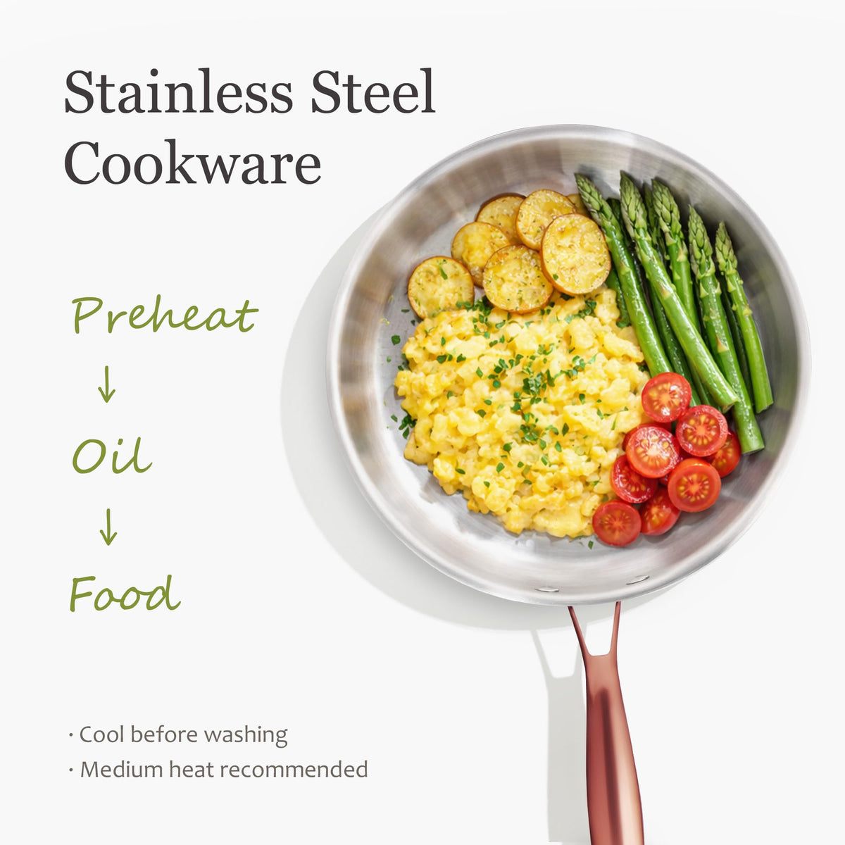 CAROTE oven-safe stainless steel design transitions from stove to oven.