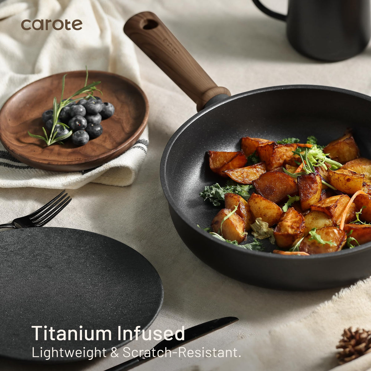 CAROTE silicone-sealed glass lids trap moisture and let you monitor cooking safely.