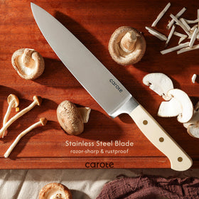 CAROTE wooden magnetic block with nonslip feet keeps knives stable.