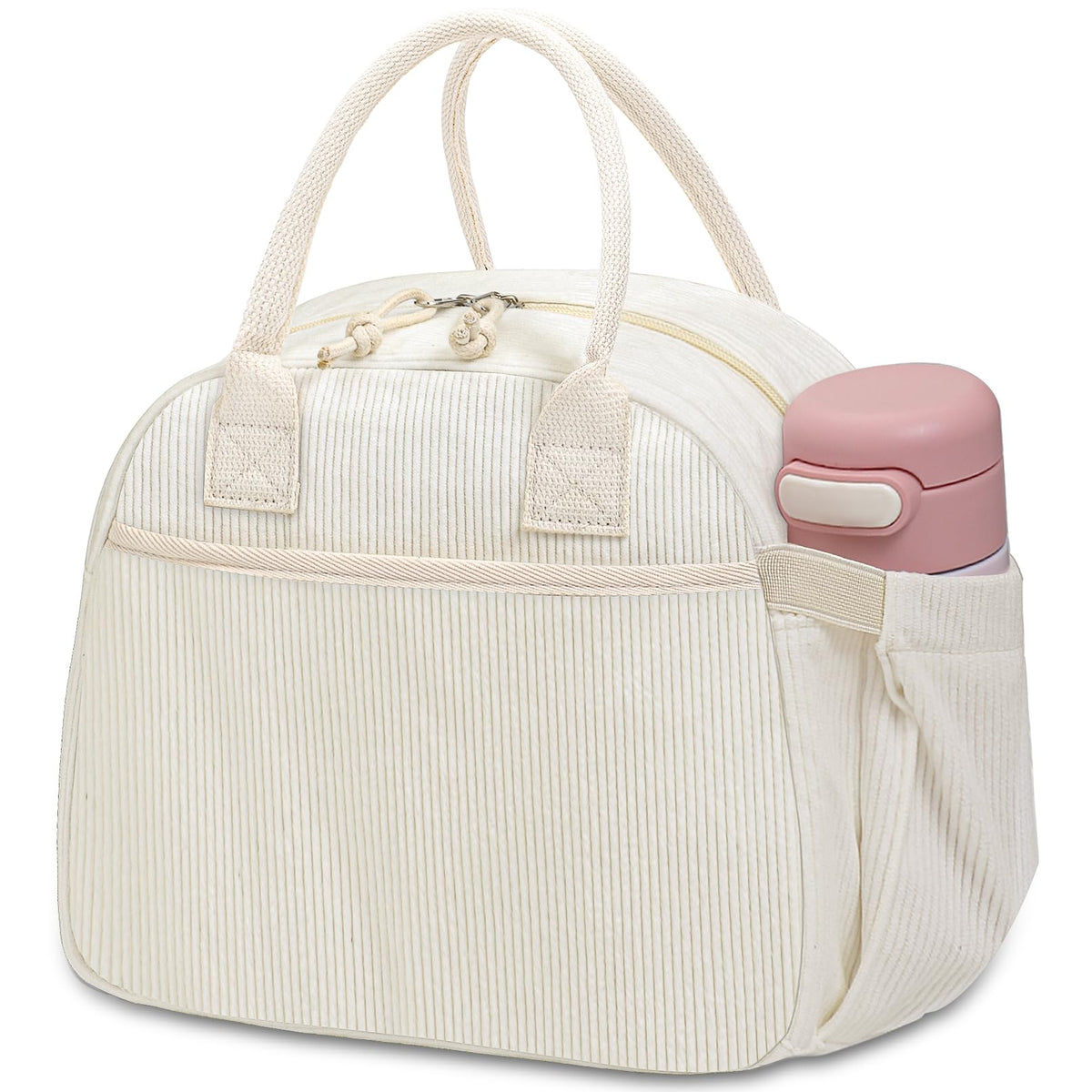Carry bloom lunch box with beige corduroy front pocket keeps cutlery handy at work