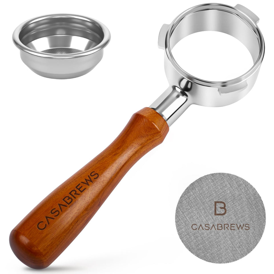 Casabrews bottomless portafilter with 3 ears shows extraction for tuning