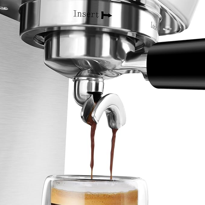CASABREWS portafilter in use over an espresso cup showing controlled pour.