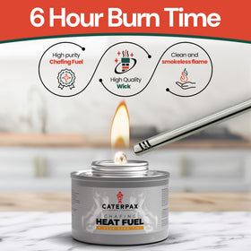 Caterpax 6-hour burn demonstration showing steady heat for chafing stations