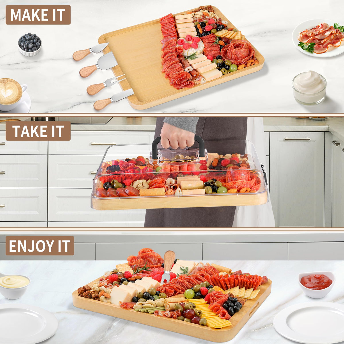 CAWIU bamboo board with cutting and serving surfaces for prep and display