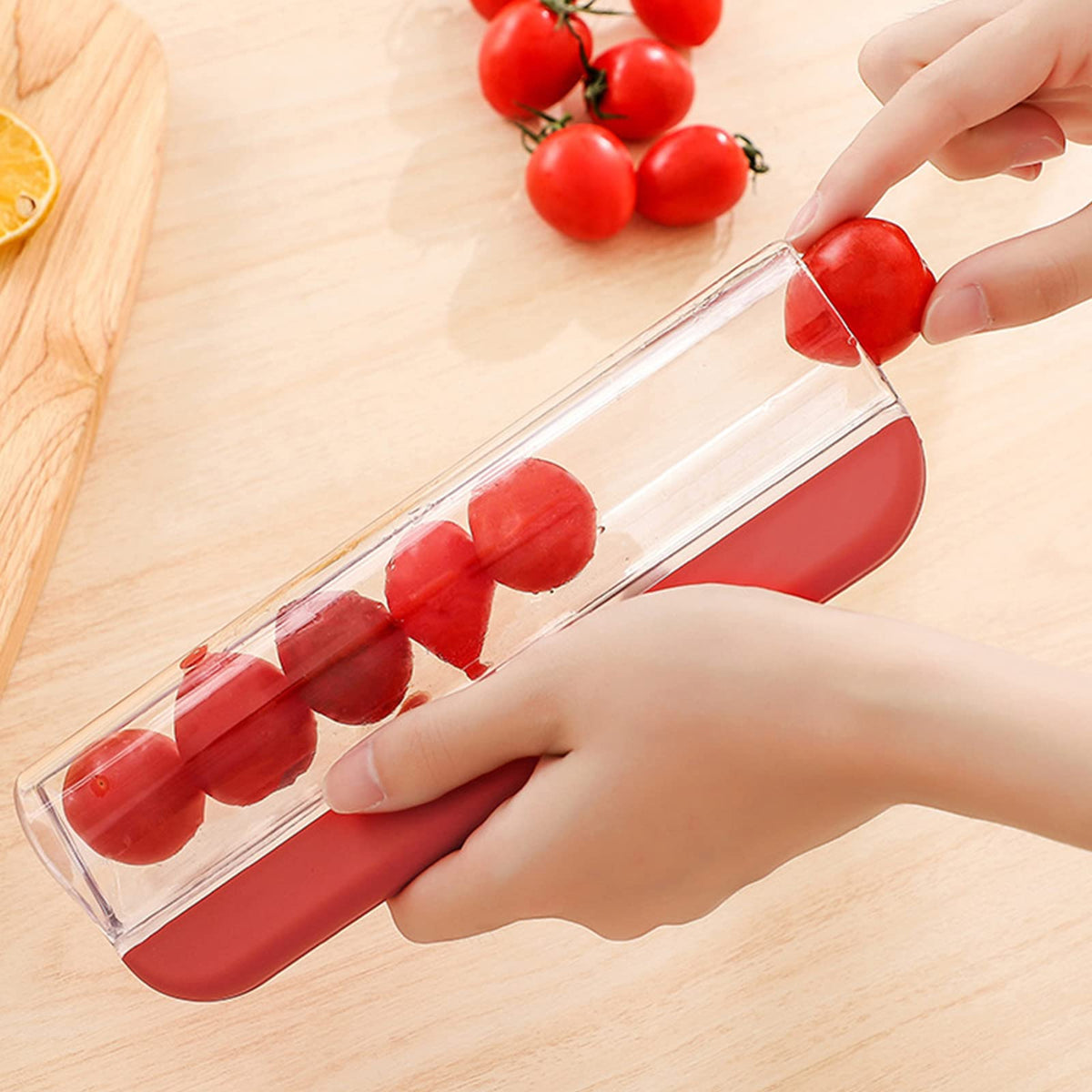 CEHNCEH Grape Cutter slices strawberries and grapes into even pieces with a simple press.