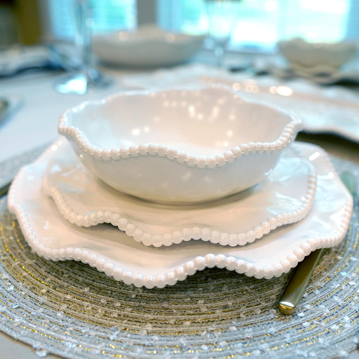 Cream beaded salad plate 9in ideal for salads, appetizers, and desserts.