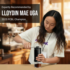 CEVING travel-brew-ready compact-size grinder in use for on-the-go brewing.