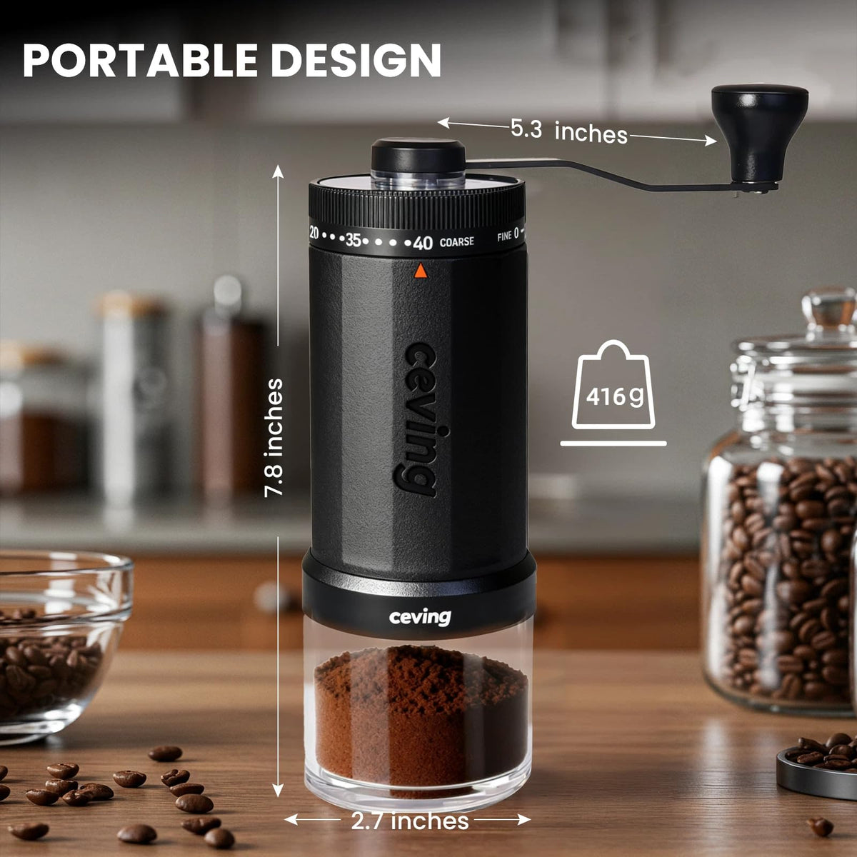 CEVING portable travel-ready grinder beside camping gear for outdoor brews.