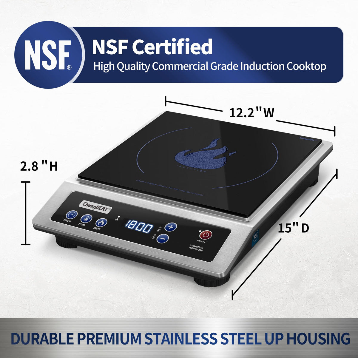 ChangBERT induction cooktop stainless steel housing demonstrates durable commercial-grade construction.