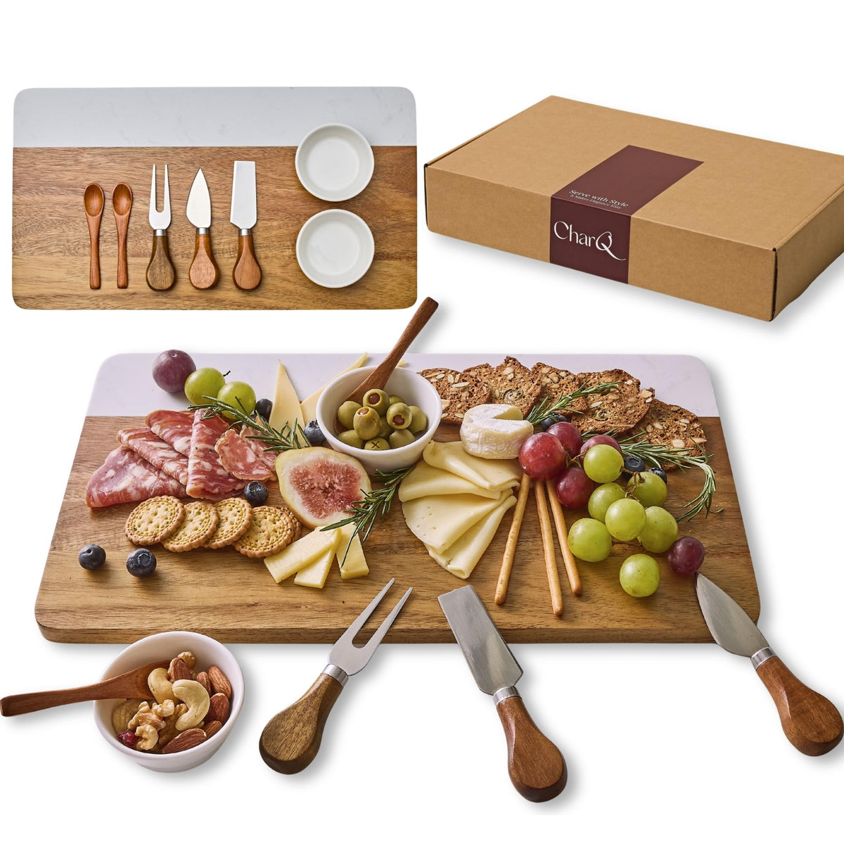 CharQ marble-acacia board top view for stylish entertaining and easy serving.