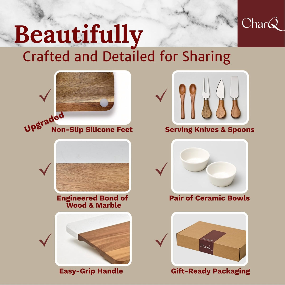 CharQ non-slip feet keep the board steady during festive tastings.