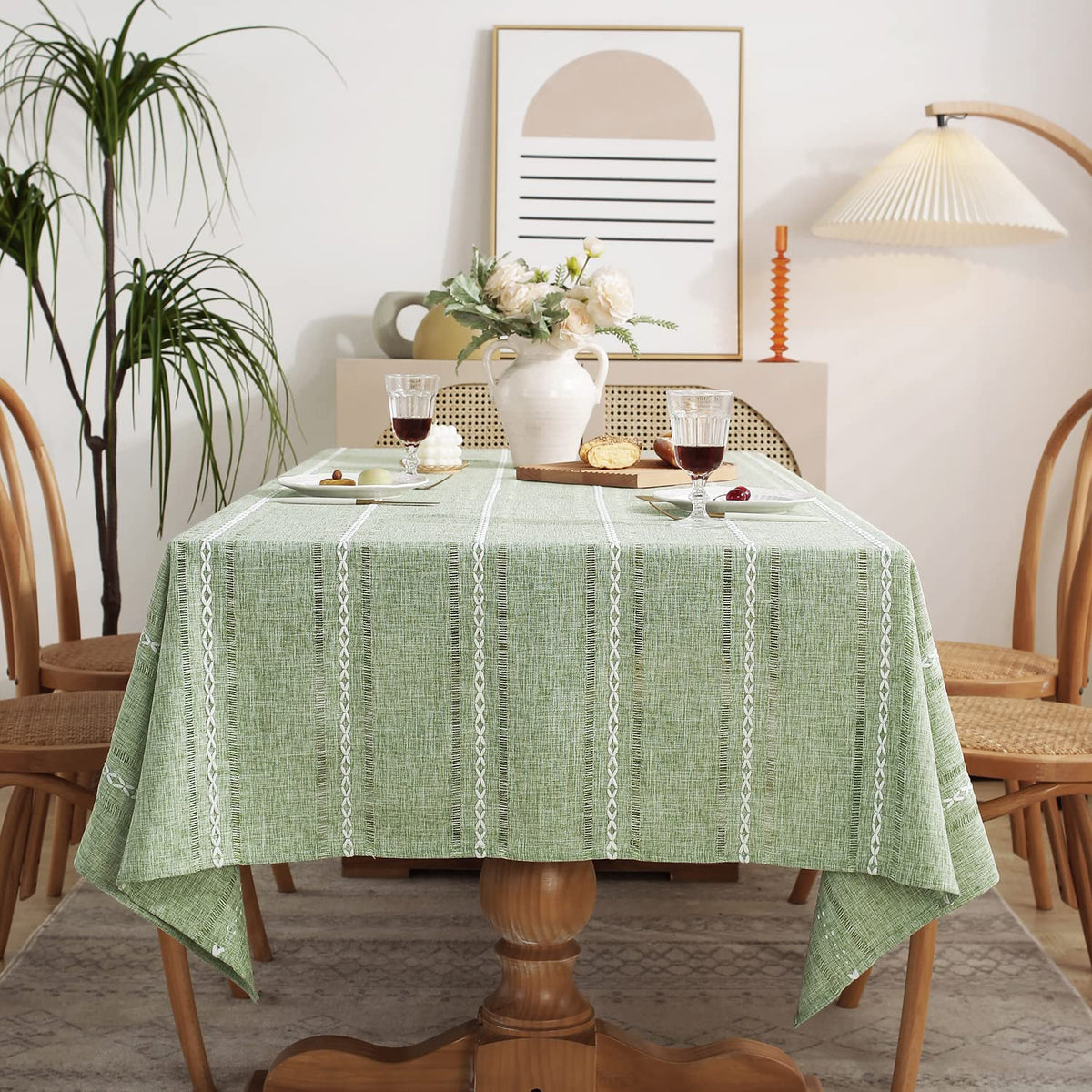 Chassic rectangle tablecloth with sage-green hemstitch detail for refined tables